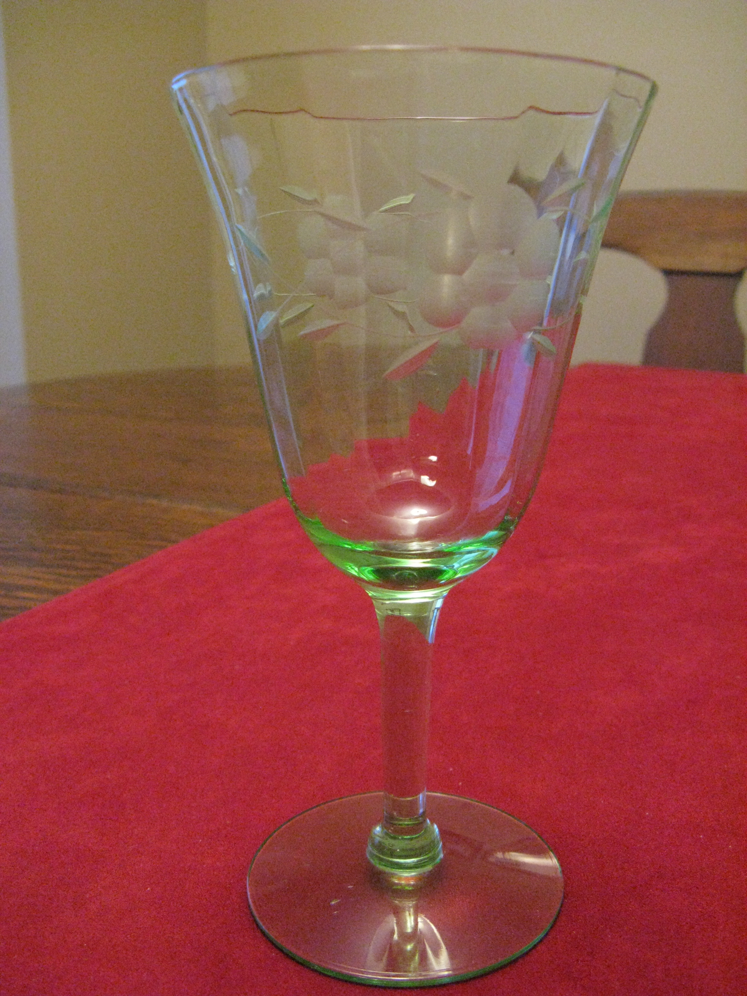 » Unknown Green Etched Water Goblets Granny's Glasses